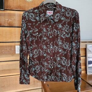 Roper Womens Western Brown Snap Button Shirt with Aqua Paisley Embroidery Sz M